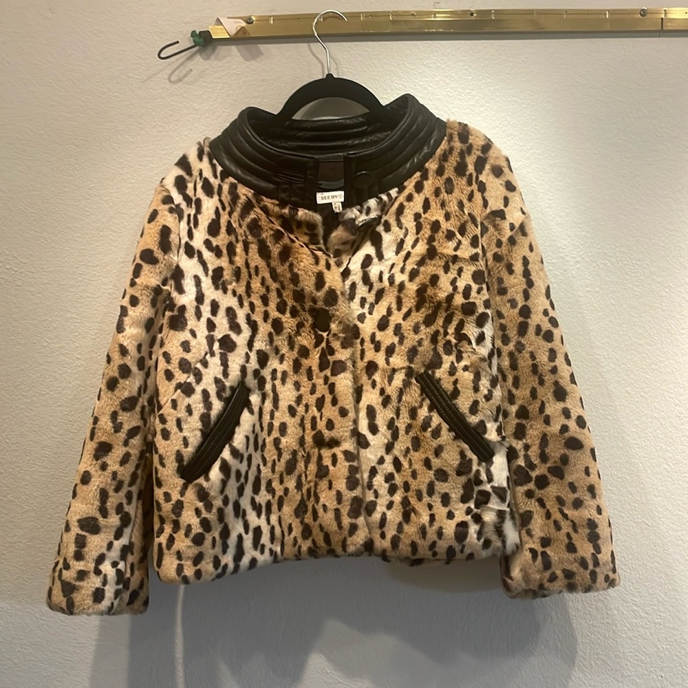 See by Chloe faux fur & leather detail moto jacket